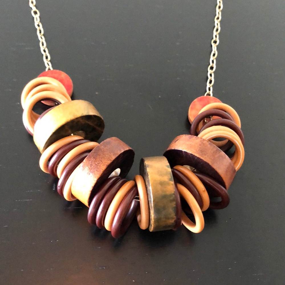 🌟Wood bead necklace on pale gold metal chain